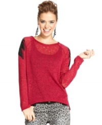 Dramatic split-back design and sequin embellished shoulders make this sweater from Material Girl a favorite in our book. Open-knit design gives this pullover a cool, burnout effect. Love it! Dramatic split-back design and sequin embellished shoulders make this sweater from Material Girl a favorite in our book. Open-knit design gives this pullover a cool, burnout effect. Love it!