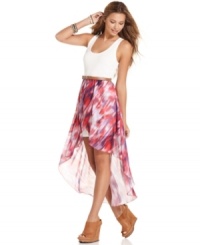 Belle Du Jour gives the classic tank dress a colorful upgrade, designing the piece with a high-low style overlay that's washed in gorgeous watercolors! Belle Du Jour gives the classic tank dress a colorful upgrade, designing the piece with a high-low style overlay that's washed in gorgeous watercolors!