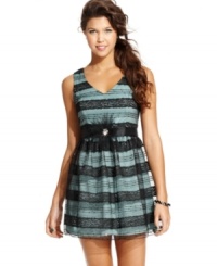 Short and sweet! This dress from BCX impresses with a striped-lace overlay and a rhinestone-detailed removable belt designed to give your look more shape! Short and sweet! This dress from BCX impresses with a striped-lace overlay and a rhinestone-detailed removable belt designed to give your look more shape!