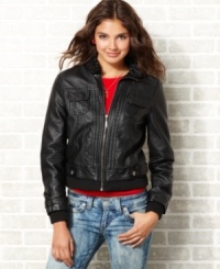 Rock your rebel style in this faux-leather jacket from Jou Jou! Sweater trims plus an extensive seam design makes this jacket a fall must-have. Rock your rebel style in this faux-leather jacket from Jou Jou! Sweater trims plus an extensive seam design makes this jacket a fall must-have.