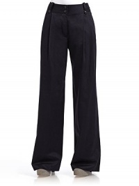THE LOOKPleated frontWide waistband with belt loops and dual button closureFront zipperSlash pocketsFlared legsDual button flap pockets at backTHE FITRise, about 12Inseam, about 31½THE MATERIALCottonCARE & ORIGINMachine washImported THE LOOKPleated frontWide waistband with belt loops and dual button closureFront zipperSlash pocketsFlared legsDual button flap pockets at backTHE FITRise, about 12Inseam, about 31½THE MATERIALCottonCARE & ORIGINMachine washImported