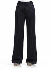 THE LOOKPleated frontWide waistband with belt loops and dual button closureFront zipperSlash pocketsFlared legsDual button flap pockets at backTHE FITRise, about 12Inseam, about 31½THE MATERIALCottonCARE & ORIGINMachine washImported