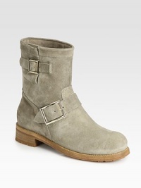 Must-have silhouette of fine suede with two metal buckles and a stacked heel. Stacked wood and rubber heel, 1½ (40mm)Shaft, 7Leg circumference, 12Suede upperPull-on style with double adjustable buckle strapsSuede and leather liningRubber trek solePadded insoleMade in ItalyOUR FIT MODEL RECOMMENDS ordering one half size up as this style runs small. Must-have silhouette of fine suede with two metal buckles and a stacked heel. Stacked wood and rubber heel, 1½ (40mm)Shaft, 7Leg circumference, 12Suede upperPull-on style with double adjustable buckle strapsSuede and leather liningRubber trek solePadded insoleMade in ItalyOUR FIT MODEL RECOMMENDS ordering one half size up as this style runs small.