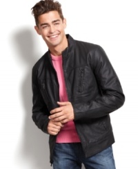 Add the finishing touch with this rough yet sexy looking fitted slim faux leather jacket by Guess Jeans. Add the finishing touch with this rough yet sexy looking fitted slim faux leather jacket by Guess Jeans.