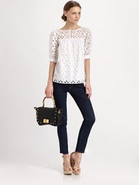 Airy cotton eyelet crafted in a pretty keyhole-front blouse with dainty elbow-length puffed sleeves.BoatneckSheer yoke and sleevesLined bodiceSide buttonsAbout 24 from shoulder to hemCottonDry cleanMade in USA of imported fabricModel shown is 5'9½ (176cm) wearing US size 4.br>OUR FIT MODEL RECOMMENDS ordering one size down as this style runs large.< Airy cotton eyelet crafted in a pretty keyhole-front blouse with dainty elbow-length puffed sleeves.BoatneckSheer yoke and sleevesLined bodiceSide buttonsAbout 24 from shoulder to hemCottonDry cleanMade in USA of imported fabricModel shown is 5'9½ (176cm) wearing US size 4.br>OUR FIT MODEL RECOMMENDS ordering one size down as this style runs large.<