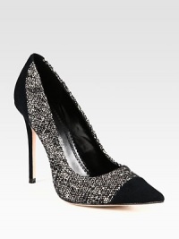 Experience the power of a point toe with this tweed and suede silhouette on a towering heel. Suede-covered heel, 4¾ (120mm)Tweed and suede upperLeather lining and solePadded insoleImported Experience the power of a point toe with this tweed and suede silhouette on a towering heel. Suede-covered heel, 4¾ (120mm)Tweed and suede upperLeather lining and solePadded insoleImported