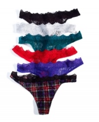 Make everything beautiful, even your basics. Floral lace thong by Material Girl. Style #MG312 Make everything beautiful, even your basics. Floral lace thong by Material Girl. Style #MG312