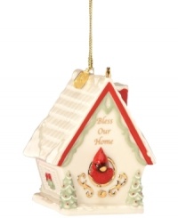 Gather loved ones under one roof with the Bless Our Home ornament by Lenox. A Christmas cardinal peeks out of a deluxe bird house, crafted of fine ivory porcelain with touches of red, green and gold. With 2012 hangtag. Gather loved ones under one roof with the Bless Our Home ornament by Lenox. A Christmas cardinal peeks out of a deluxe bird house, crafted of fine ivory porcelain with touches of red, green and gold. With 2012 hangtag.