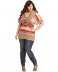 Rock on-trend style with Planet Gold's striped plus size sweater, accented by a belted waist. Rock on-trend style with Planet Gold's striped plus size sweater, accented by a belted waist.