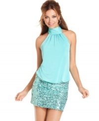 Paint the town turquoise in this hot party dress from Speechless, where a blouson-style halter top offsets a glimmering skirt! Paint the town turquoise in this hot party dress from Speechless, where a blouson-style halter top offsets a glimmering skirt!
