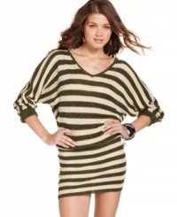 Support your sweater dress habit with this ultra-cute style from Sugar & Spice! Metallic stripes and a hot, blouson fit make this cool-weather must-have a total knock-out. Support your sweater dress habit with this ultra-cute style from Sugar & Spice! Metallic stripes and a hot, blouson fit make this cool-weather must-have a total knock-out.
