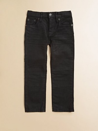 Perfect for back-to-school cool, these jeans feature a skinny silhouette and a slightly waxed finish.Front button closureWaistband with belt loops and adjustable button tabsZip flyFive-pocket style99% cotton/1% spandexMachine washImported Perfect for back-to-school cool, these jeans feature a skinny silhouette and a slightly waxed finish.Front button closureWaistband with belt loops and adjustable button tabsZip flyFive-pocket style99% cotton/1% spandexMachine washImported