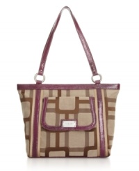 Tote your necessities in style with this eye-catching bag by Nine West. True to its name, the Vegas tote showcases a bold pattern and fun contrast detailing for a style that is guaranteed to be a big winner. Tote your necessities in style with this eye-catching bag by Nine West. True to its name, the Vegas tote showcases a bold pattern and fun contrast detailing for a style that is guaranteed to be a big winner.