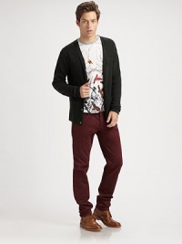 An on-trend cotton style in a color of the season with a slim fit.Button closureZip flyBelt loopsFive-pocket styleInseam, about 342CottonDry cleanImported An on-trend cotton style in a color of the season with a slim fit.Button closureZip flyBelt loopsFive-pocket styleInseam, about 342CottonDry cleanImported