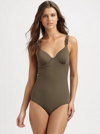 A swim style with bra sizing and comfy shapewear capabilities. It flattens the tummy, slims hips and flatters the rear. The adjustable, chain-link-detail straps and underwire cups offer additional support.Adjustable strapsBust-flattering, gathered details on underwire cupsFully lined72% nylon/28% spandexHand washImported A swim style with bra sizing and comfy shapewear capabilities. It flattens the tummy, slims hips and flatters the rear. The adjustable, chain-link-detail straps and underwire cups offer additional support.Adjustable strapsBust-flattering, gathered details on underwire cupsFully lined72% nylon/28% spandexHand washImported