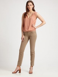 Playful pleating, self ties and an elasticized hem characterize this sumptuous silk top. V-neck with self tiesSleevelessElasticized hemSilkDry cleanImportedModel shown is 5'10 (177cm) wearing US size Small. Playful pleating, self ties and an elasticized hem characterize this sumptuous silk top. V-neck with self tiesSleevelessElasticized hemSilkDry cleanImportedModel shown is 5'10 (177cm) wearing US size Small.