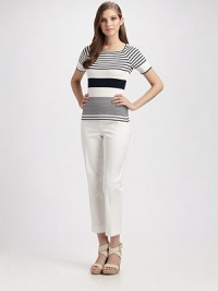 This slim-fitting design in stretch cotton has side slits at the hem and a signature cropped length. Side zipper Side slits at hem Inseam, about 28 Cotton/spandex Dry clean Made in USA of German fabric This slim-fitting design in stretch cotton has side slits at the hem and a signature cropped length. Side zipper Side slits at hem Inseam, about 28 Cotton/spandex Dry clean Made in USA of German fabric