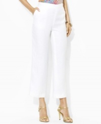 Rendered in lightweight linen, these Lauren by Ralph Lauren pants are designed for a flattering, high-waisted fit with a flowing, wide leg that hits at the ankle for seasonal elegance.