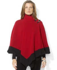 Lauren Ralph Lauren's classic wool poncho is updated with striking faux-leather buckles and a bold color-blocked hemline Lauren Ralph Lauren's classic wool poncho is updated with striking faux-leather buckles and a bold color-blocked hemline