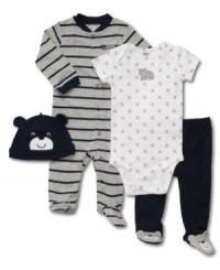 He'll be un-bearably cute in this 4 piece set by Carter's that includes a long sleeve stripe footed bodysuit, a short sleeve bodysuit, and comfortable footed pants with matching hat. He'll be un-bearably cute in this 4 piece set by Carter's that includes a long sleeve stripe footed bodysuit, a short sleeve bodysuit, and comfortable footed pants with matching hat.