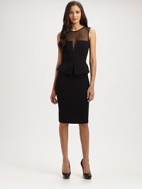 A crisply tailored peplum and a structured illusion neckline define this evening-perfect piece.Jewel necklineSleevelessMesh bodice with deep V detailAttached peplumBack ventConcealed back zipFully linedAbout 26 from natural waist72% polyester/24% rayon/4% spandexDry cleanMade in USA of imported fabricModel shown is 5'10½ (179cm) wearing US size 4. A crisply tailored peplum and a structured illusion neckline define this evening-perfect piece.Jewel necklineSleevelessMesh bodice with deep V detailAttached peplumBack ventConcealed back zipFully linedAbout 26 from natural waist72% polyester/24% rayon/4% spandexDry cleanMade in USA of imported fabricModel shown is 5'10½ (179cm) wearing US size 4.