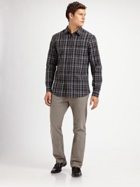A clean, easy-wearing look is cut from pinpoint oxford cotton with plaid checks and modern style. Buttonfront Chest patch pocket Cotton Dry clean Imported A clean, easy-wearing look is cut from pinpoint oxford cotton with plaid checks and modern style. Buttonfront Chest patch pocket Cotton Dry clean Imported