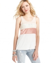 6 Degrees refreshes the every day tank with crochet-knit and satin paneling! Pair the top with your grittiest jeans for a look that interplays sweet style with rugged charm. 6 Degrees refreshes the every day tank with crochet-knit and satin paneling! Pair the top with your grittiest jeans for a look that interplays sweet style with rugged charm.