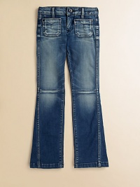 She'll look vintage-inspired with this slightly distressed bootcut style. Button front closureAdjustable waistband with belt loopsFront and back patch pocketsCottonMachine washImported She'll look vintage-inspired with this slightly distressed bootcut style. Button front closureAdjustable waistband with belt loopsFront and back patch pocketsCottonMachine washImported
