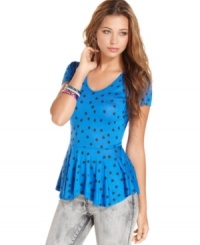 Effortlessly playful, this this peplum top from Fresh Brewed mixes fun polkadots with a cool, cage-back design! Effortlessly playful, this this peplum top from Fresh Brewed mixes fun polkadots with a cool, cage-back design!
