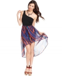 Commit to style that pops with this dress from Material Girl that marries a solid, one-shoulder top with a feisty, asymmetrical skirt! Commit to style that pops with this dress from Material Girl that marries a solid, one-shoulder top with a feisty, asymmetrical skirt!