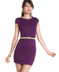 Highlighted by a neon-color skinny belt, Planet Gold's cap-sleeve, ponte-knit dress nails tailored, minimalist style! Highlighted by a neon-color skinny belt, Planet Gold's cap-sleeve, ponte-knit dress nails tailored, minimalist style!