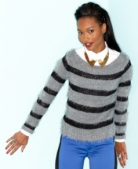 Disclaimer: wear this boat neck pullover from Say What? and people may want to hug you. The soft, eyelash-knit and bevy of stripes makes it that kind of sweater. Disclaimer: wear this boat neck pullover from Say What? and people may want to hug you. The soft, eyelash-knit and bevy of stripes makes it that kind of sweater.