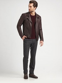 This supple lambskin leather jacket is the ideal representation of modern style. Notched collarFront zipperZipper slash pocketsAbout 25 from shoulder to hemLambskin leatherDry cleanImported This supple lambskin leather jacket is the ideal representation of modern style. Notched collarFront zipperZipper slash pocketsAbout 25 from shoulder to hemLambskin leatherDry cleanImported