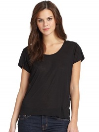 THE LOOKPullover styleRound necklineShort sleevesSheer silk georgette back panelTHE FITAbout 24 from shoulder to hemTHE MATERIAL85% modal/15% cashmereContrast: silk georgetteCARE & ORIGINDry cleanMade in USAModel shown is 5'9½ (176cm) wearing US size Small. THE LOOKPullover styleRound necklineShort sleevesSheer silk georgette back panelTHE FITAbout 24 from shoulder to hemTHE MATERIAL85% modal/15% cashmereContrast: silk georgetteCARE & ORIGINDry cleanMade in USAModel shown is 5'9½ (176cm) wearing US size Small.