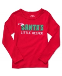 In front of the fireplace, this fun holiday top from Carter's is delightful – complete with a glitter reindeer or Santa's Little Helper graphic on front. In front of the fireplace, this fun holiday top from Carter's is delightful – complete with a glitter reindeer or Santa's Little Helper graphic on front.