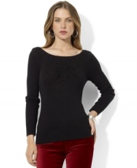 Wintry beading enriches Lauren Ralph Lauren's graceful bateau-neck sweater crafted from soft combed cotton for an instant holiday staple. Wintry beading enriches Lauren Ralph Lauren's graceful bateau-neck sweater crafted from soft combed cotton for an instant holiday staple.