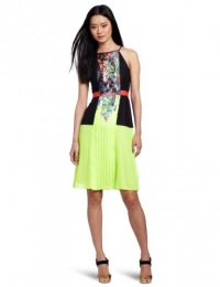 BCBGMAXAZRIA Women's Sahara Print Pleat Color Block Dress, Neon Yellow, 4 BCBGMAXAZRIA Women's Sahara Print Pleat Color Block Dress, Neon Yellow, 4