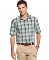 Stay in check and on point with your style in this plaid shirt from Van Heusen. Stay in check and on point with your style in this plaid shirt from Van Heusen.