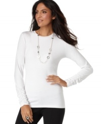 A classic crewneck tee gets refreshed with ruched cuffs, from Alfani. A classic crewneck tee gets refreshed with ruched cuffs, from Alfani.