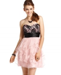 Dark accents add edge to this blush-tone party dress from Roberta, while a full, ruffled skirt and lace-covered bodice supply major feminine style! Dark accents add edge to this blush-tone party dress from Roberta, while a full, ruffled skirt and lace-covered bodice supply major feminine style!
