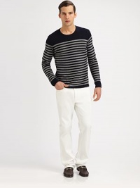 Nautical inspirations takes over this striped classic shaped in a superior cotton and wool blend.Crewneck92% cotton/8%woolDry cleanImported Nautical inspirations takes over this striped classic shaped in a superior cotton and wool blend.Crewneck92% cotton/8%woolDry cleanImported