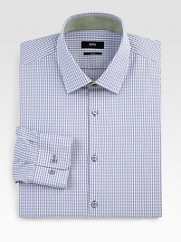 Slim-fitting style with a two-tone mini check on soft cotton. Modified point collarButton frontSlim fitBarrel cuffsCottonMachine washImported Slim-fitting style with a two-tone mini check on soft cotton. Modified point collarButton frontSlim fitBarrel cuffsCottonMachine washImported