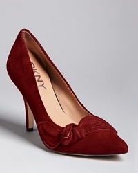 DKNY gives these pointed toe pumps design details that push them beyond basic, with cut out details and modernist suede bows. They work for the office and formal occasions-ideal for business travel.