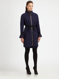 A chic statement piece rendered in soft felted wool and finished with a grosgrain bow and striking goldtone hardware.Mockneck collarLong sleeves with ruffle cuffsFront zip closureGrosgrain beltAbout 34 from shoulder to hem90% wool/10% nylonDry cleanImportedMade in Italy of imported fabricModel is 5'10 (177cm) wearing US size 4. A chic statement piece rendered in soft felted wool and finished with a grosgrain bow and striking goldtone hardware.Mockneck collarLong sleeves with ruffle cuffsFront zip closureGrosgrain beltAbout 34 from shoulder to hem90% wool/10% nylonDry cleanImportedMade in Italy of imported fabricModel is 5'10 (177cm) wearing US size 4.