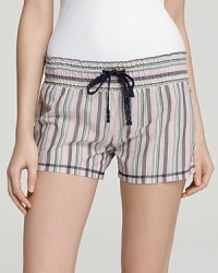 Stylish striped sleep shorts with a stretched waistband and drawstring closure. Stylish striped sleep shorts with a stretched waistband and drawstring closure.