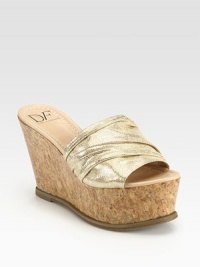 Ruched upper in shimmering metallic suede, grounded by a natural cork wedge and platform. Cork wedge, 4 (100mm)Cork platform, 2 (50mm)Compares to a 2 heel (50mm)Metallic suede upperLeather liningRubber solePadded insoleImported Ruched upper in shimmering metallic suede, grounded by a natural cork wedge and platform. Cork wedge, 4 (100mm)Cork platform, 2 (50mm)Compares to a 2 heel (50mm)Metallic suede upperLeather liningRubber solePadded insoleImported