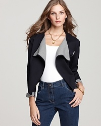Exaggerated lapels and fringed seams put a high-fashion finish on this BASLER double-knit jacket, designed in a cropped silhouette that pairs perfectly over the season's requisite high-waisted pants and skirts. Exaggerated lapels and fringed seams put a high-fashion finish on this BASLER double-knit jacket, designed in a cropped silhouette that pairs perfectly over the season's requisite high-waisted pants and skirts.