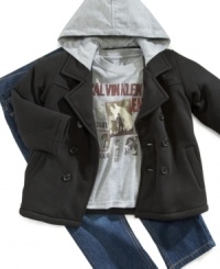 Wrap him in this long-sleeve tee and jeans set from Calvin Klein Jeans, with a hooded pea coat to warm his head and hands. Wrap him in this long-sleeve tee and jeans set from Calvin Klein Jeans, with a hooded pea coat to warm his head and hands.