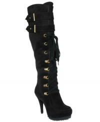 Heavy on the the details, major on style. Baby Phat's Guest platform boots feature a moccasin-style toe and a sexy lace-up vamp with gold tone hardware. Heavy on the the details, major on style. Baby Phat's Guest platform boots feature a moccasin-style toe and a sexy lace-up vamp with gold tone hardware.