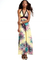 Get tropical in this halter maxi dress from Baby Phat, where a colorful, oversized print promotes beach-ready style! Get tropical in this halter maxi dress from Baby Phat, where a colorful, oversized print promotes beach-ready style!